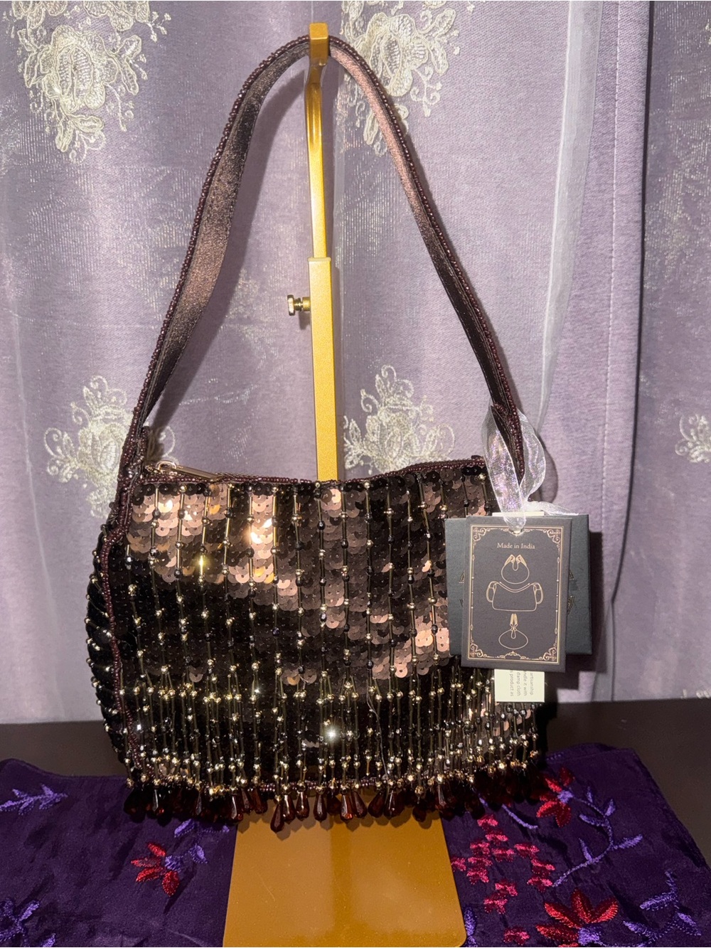 NWT From India To You Sequin Fringe Beaded Shoulder Bag  - Glam Evening Purse